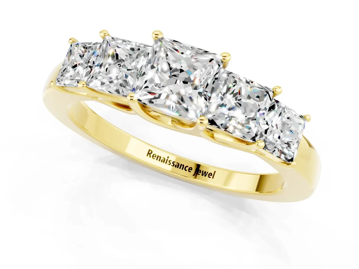 Princess Cut Five-Stone Moissanite Ring with Classic Prong Setting Yellow gold