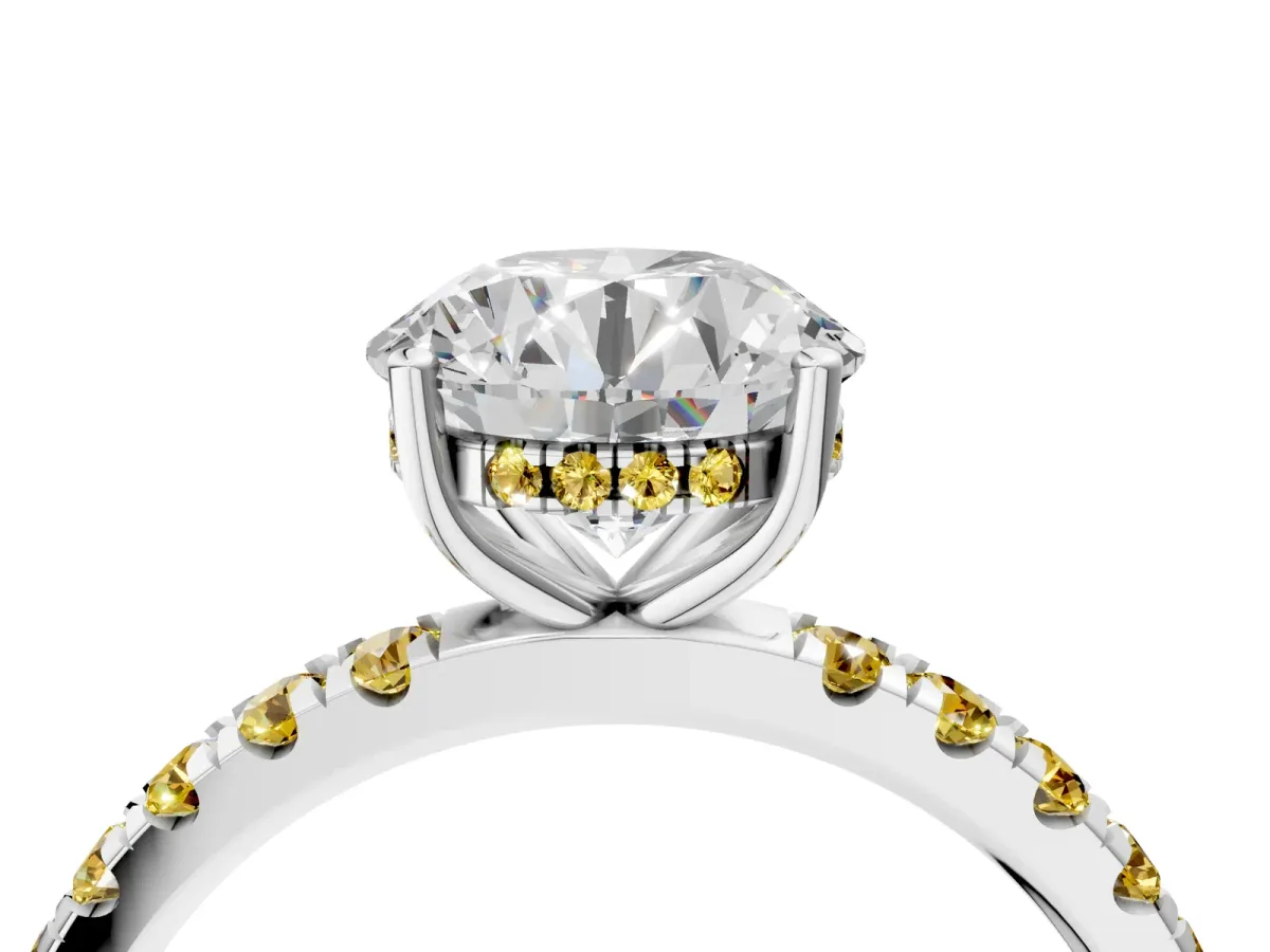 Round Cut Diamond Pave Band Solitaire Ring with Round Yellow Sapphire and Prong Setting Silver