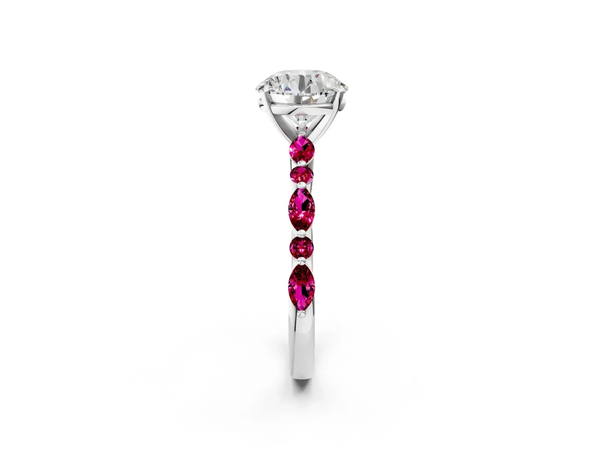 Round Cut Diamond Ring with Marquise and Round Garnet Side Stones and Four-Prong Setting Silver