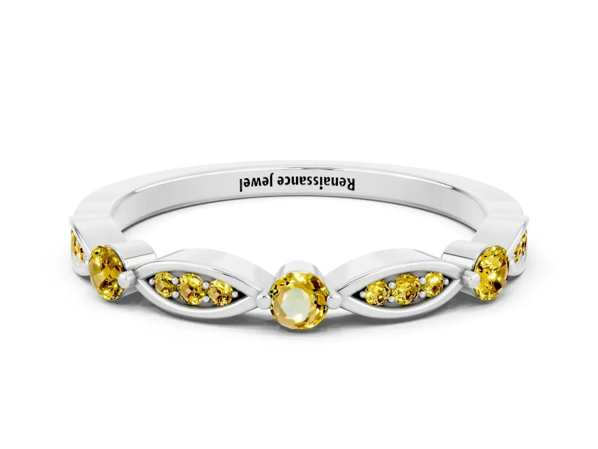 Marquise and Round Yellow Sapphire Milgrain Band with Bezel Setting Silver