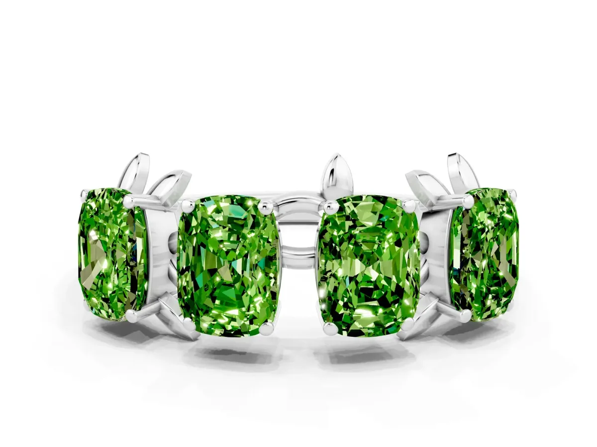 Four-Stone Elongated Cushion Peridot Band with Nature-Inspired Prong Setting Silver