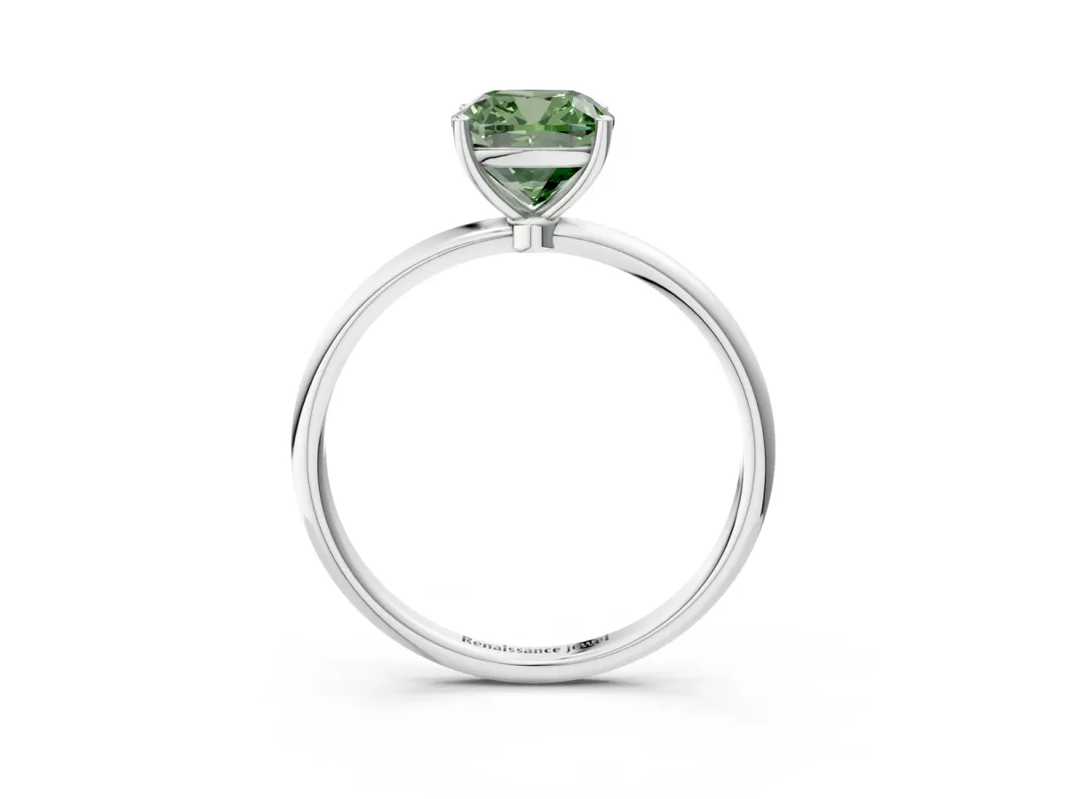 Fancy Green Cushion Cut Cut Solitaire Engagement Ring with Thin Band and Four-Prong Setting Silver