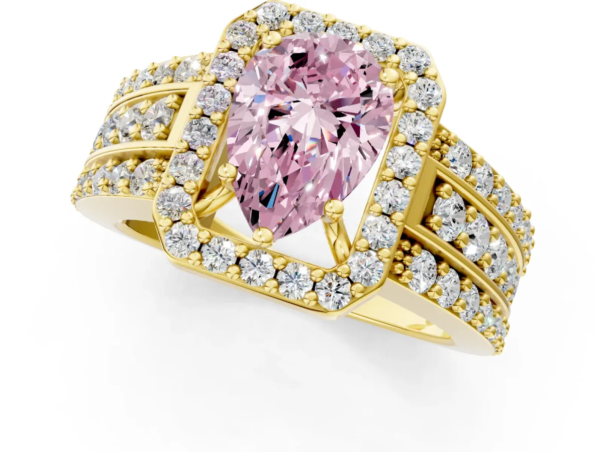 Fancy Pink Pear Cut Halo Diamond Ring with Round Split Shank and Prong Setting Yellow gold