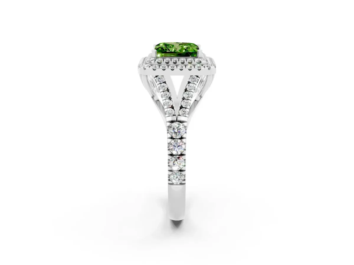 Double Halo Princess Cut Peridot Split Shank Engagement Ring with Four-Prong Setting White gold
