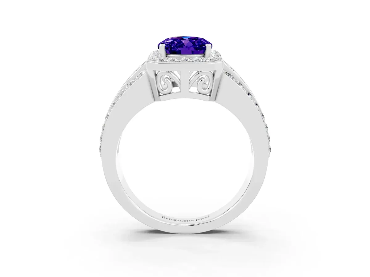 Oval Cut Halo Tanzanite Ring with Round Split Shank and Prong Setting Platinum