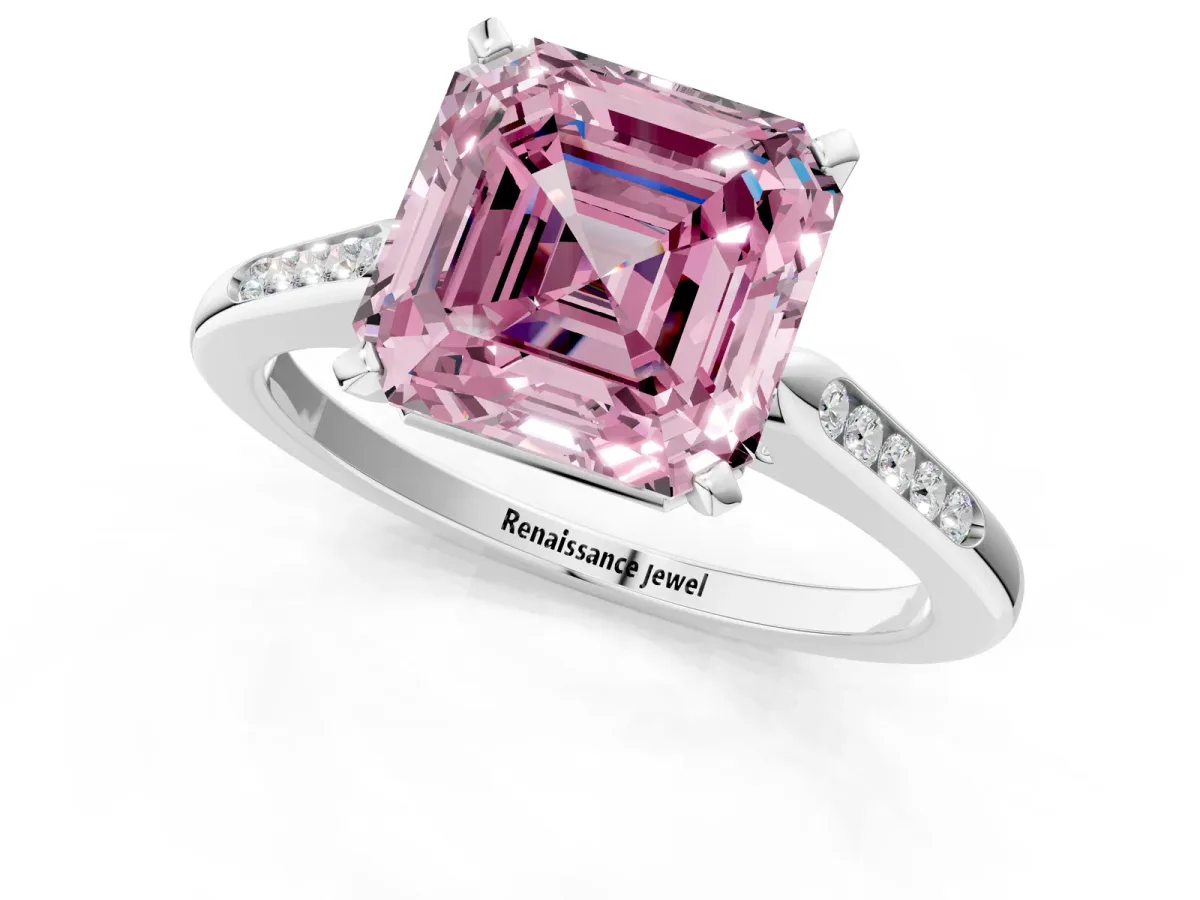 Fancy Pink Asscher Cut Diamond Solitaire Ring with Channel Set Round Band and Prong Setting Silver