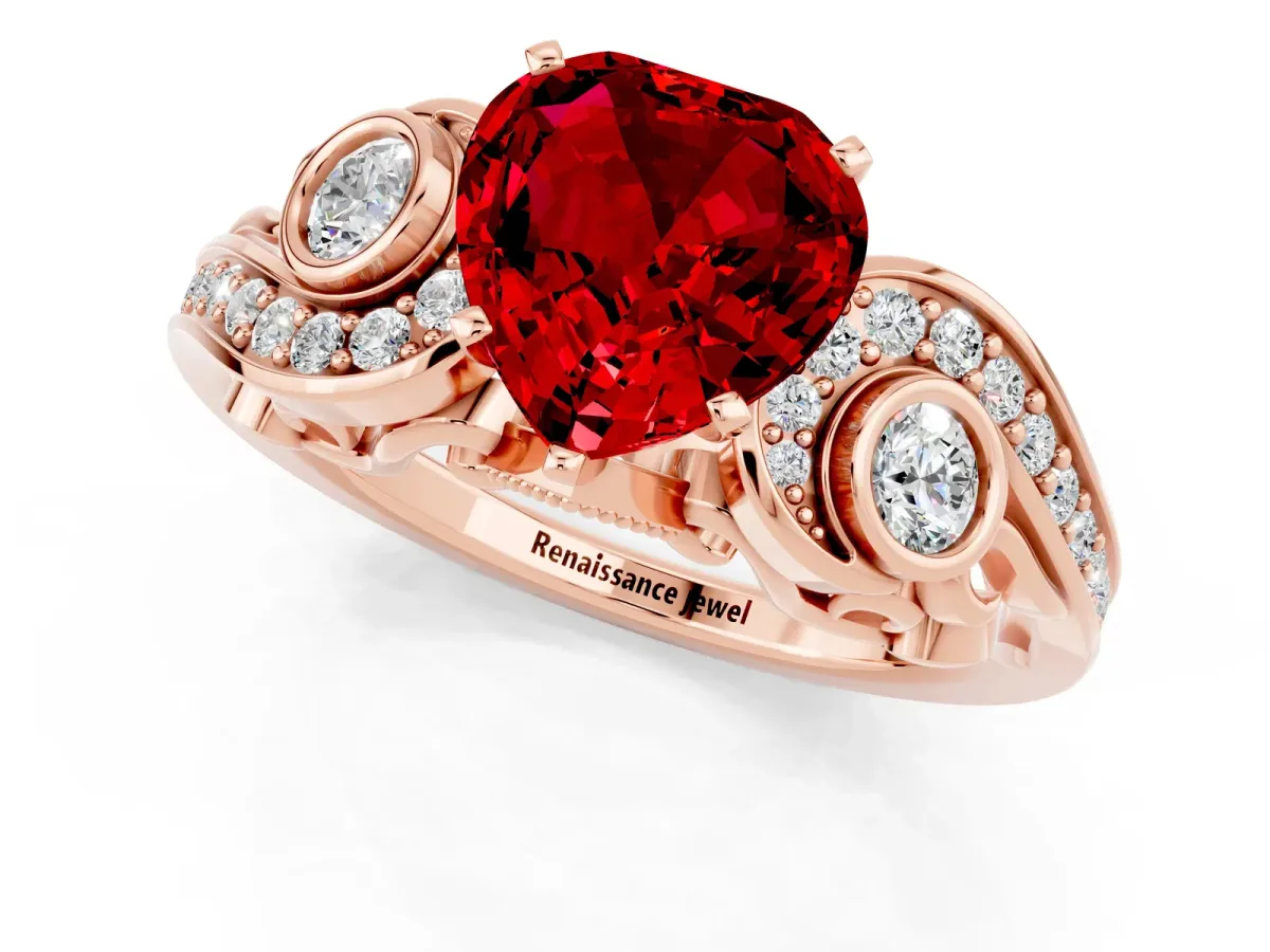 Heart Cut Ruby Solitaire Ring with Milgrain Pavé Band and Four-Prong Setting Rose gold