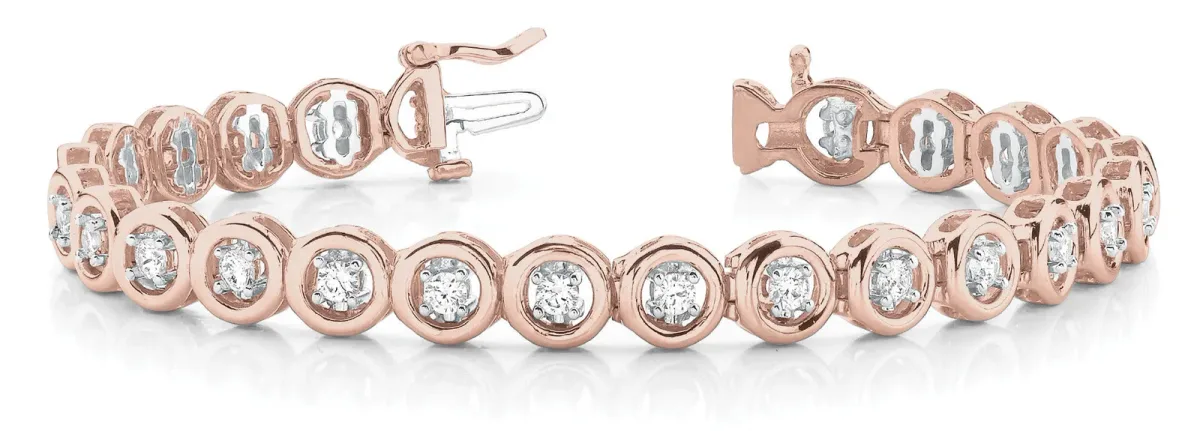 Round Bezel Set Diamond Tennis Bracelet with Prong Setting Rose gold