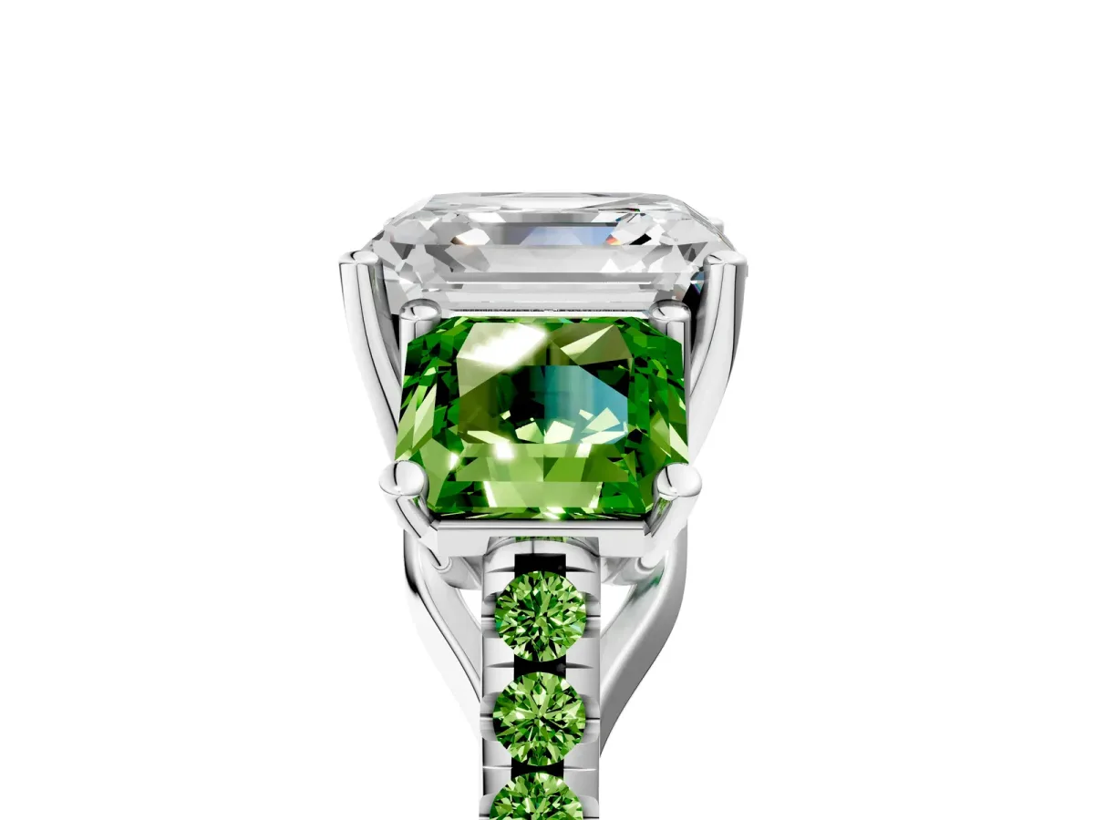 Three-Stone Asscher Cut Diamond Ring with Round Peridot Pavé Band and Prong Setting Silver