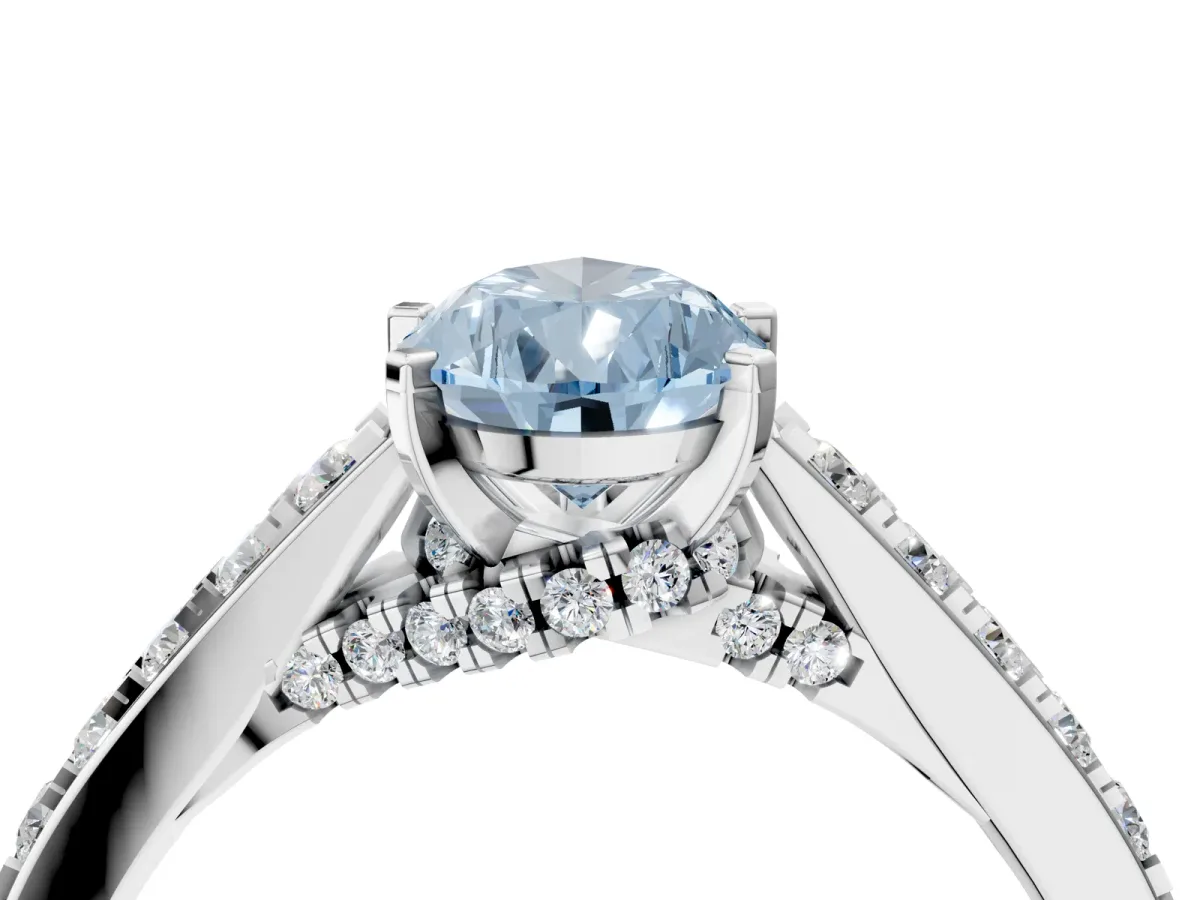 Fancy Blue Pear Cut Diamond Solitaire Ring with Crossover Gallery and Round Pavé Band Silver