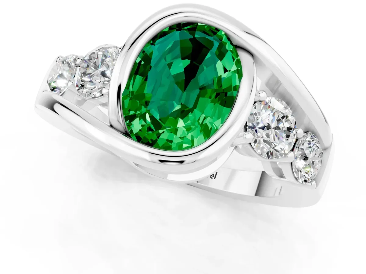 Bezel Set Oval Cut Emerald Bypass Ring with Round Accents Silver