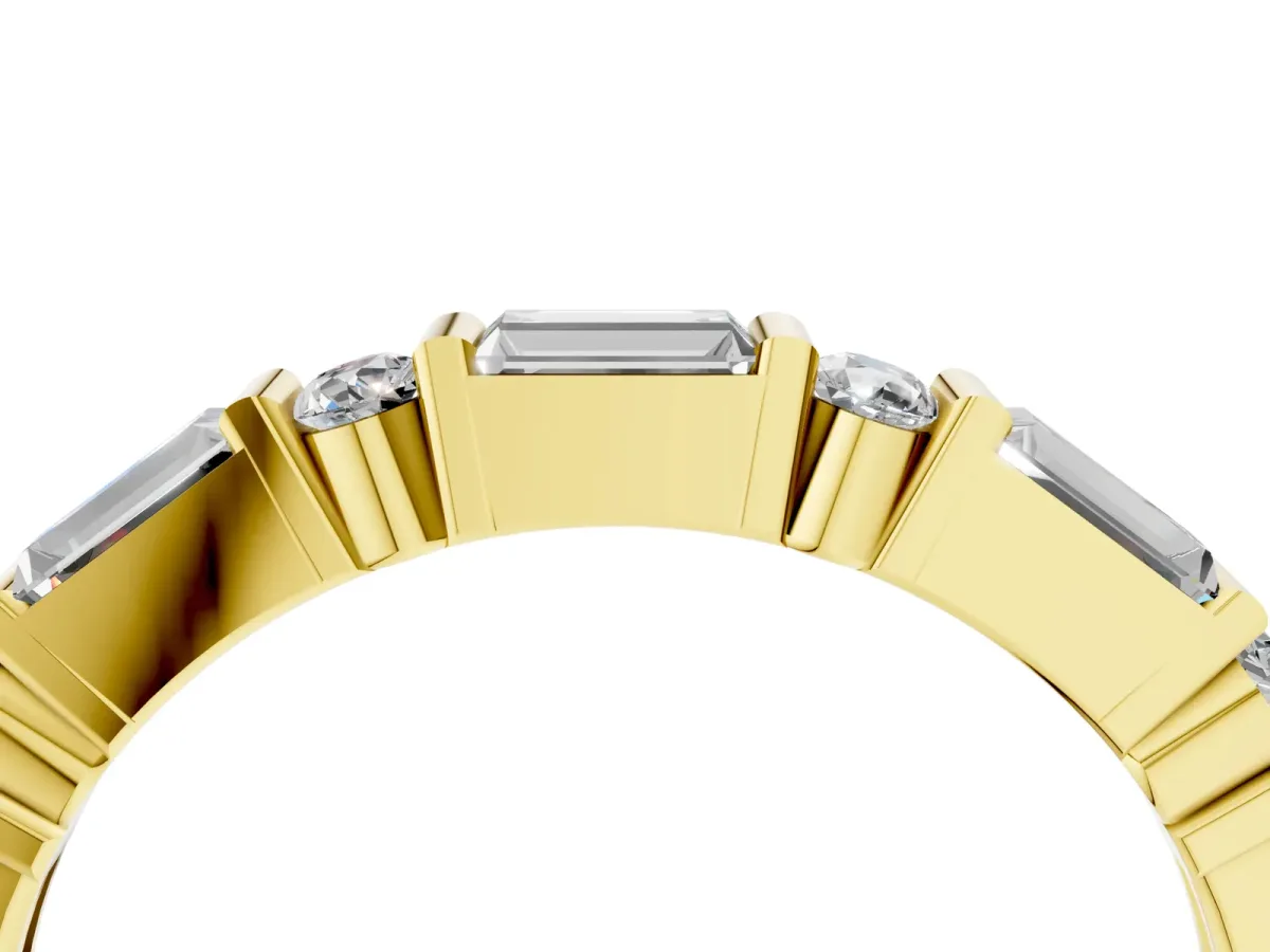 Baguette and Round Diamond Channel Set Half Eternity Band with Bar Prong Setting Yellow gold