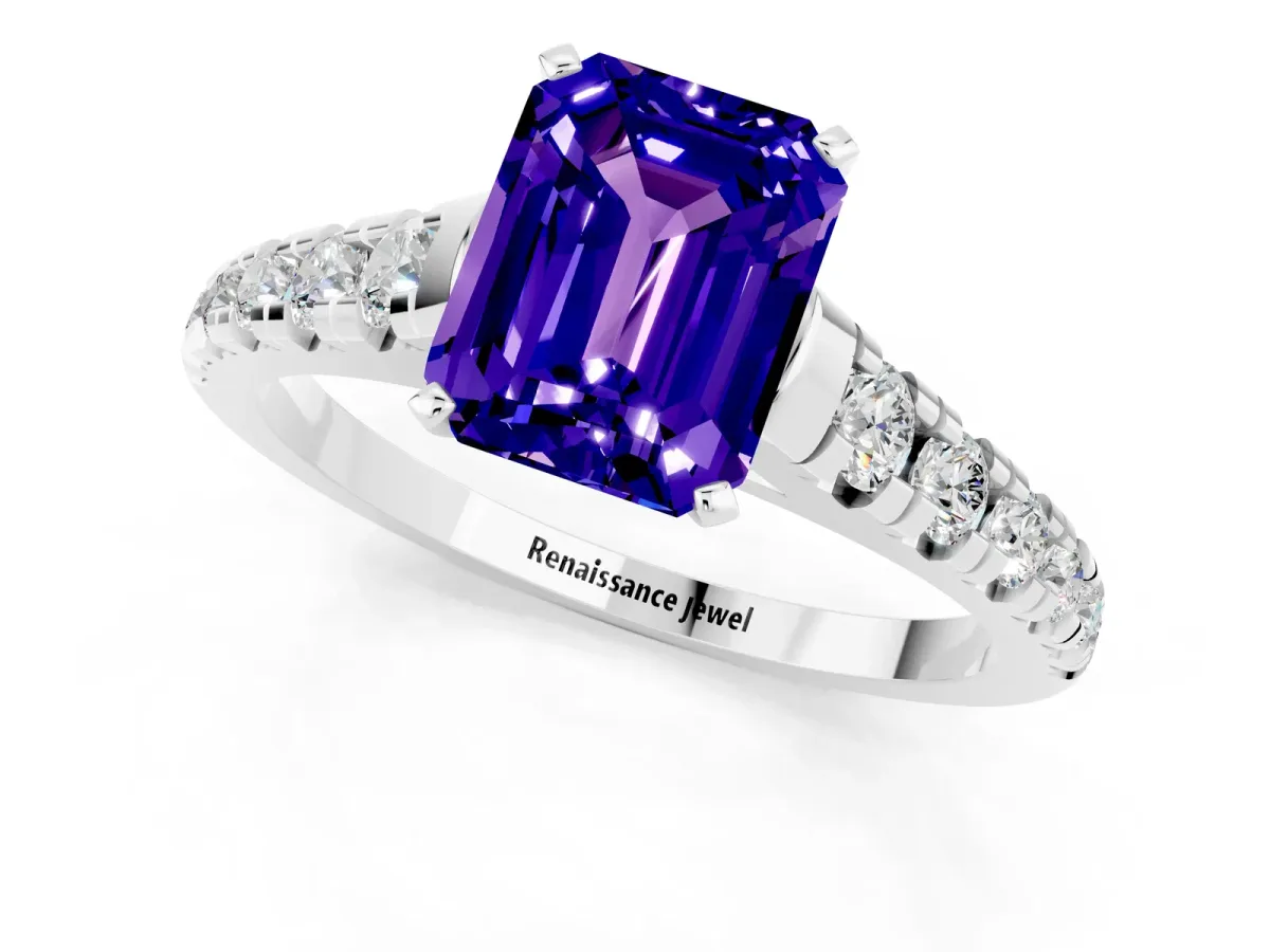 Emerald Cut Tanzanite Cathedral Solitaire Ring with Round Pavé Band Silver