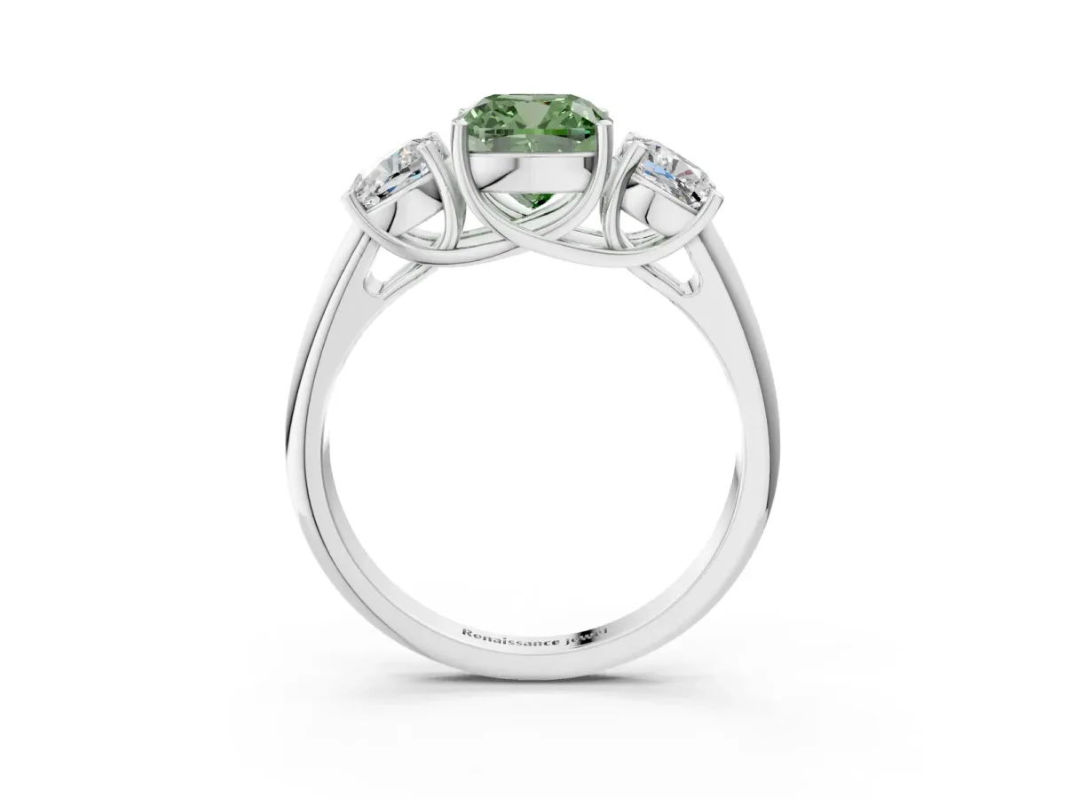 Fancy Green Three-Stone Cushion Cut Diamond Engagement Ring with Prong Setting White gold