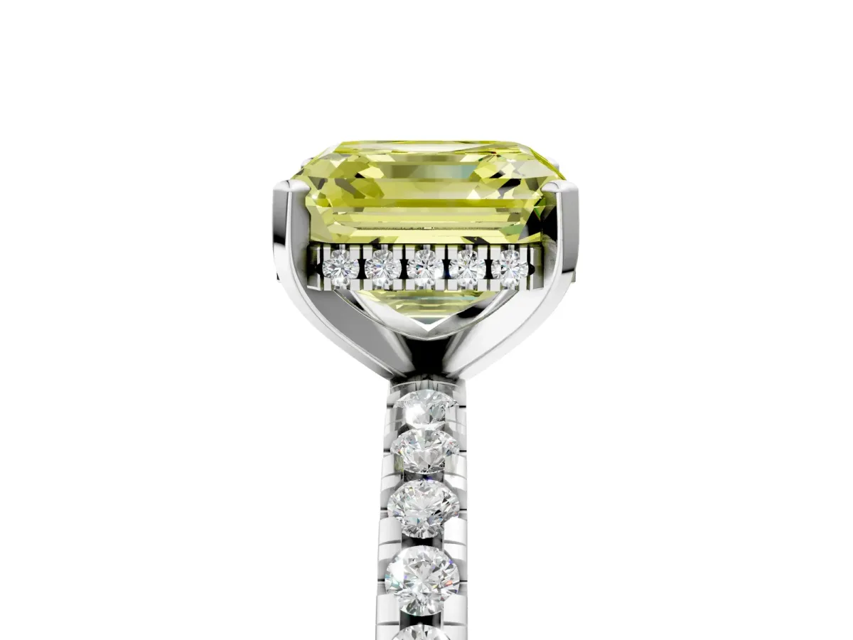 Fancy Yellow Asscher Cut Diamond Solitaire Ring with Round Pavé Band and Four-Prong Setting Silver