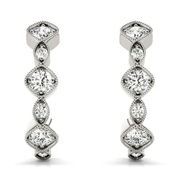 Milgrain Cushion and Marquise Diamond Hoop Earrings Silver