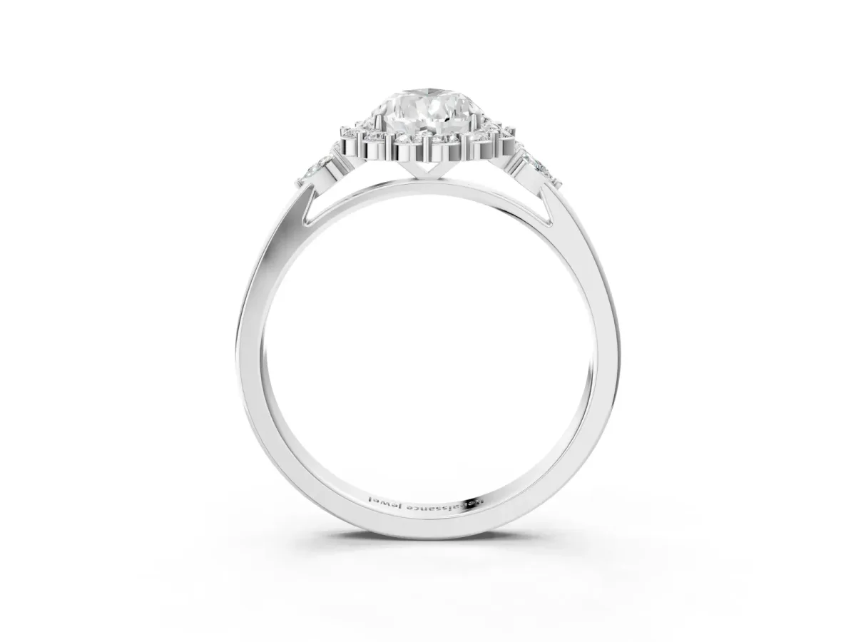 Pear Cut Diamond Halo Ring with Pear Side Stones and Prong Setting White gold