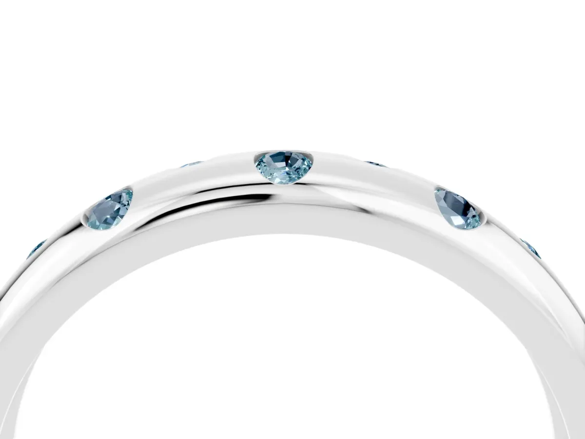 Round Aquamarine Flush-Set Comfort Fit Band Silver