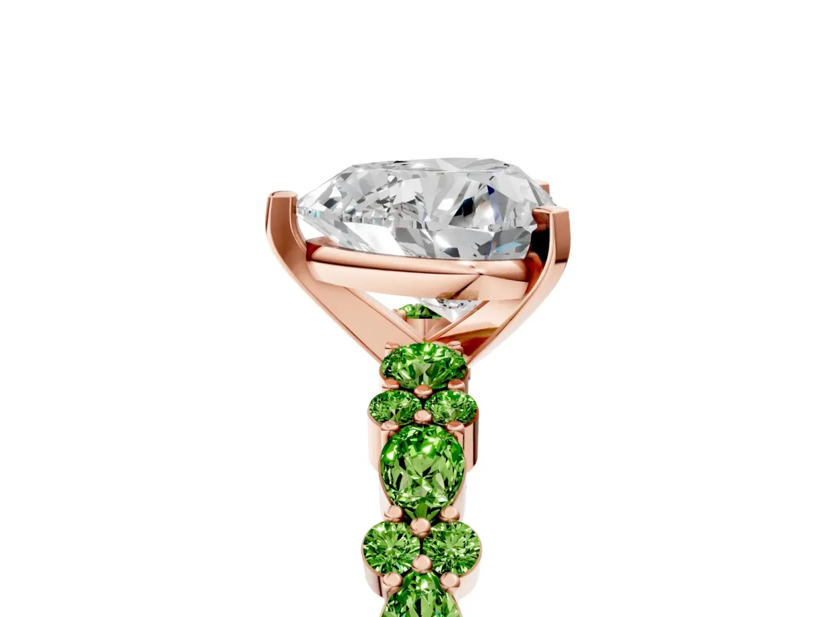 Heart Cut Diamond Side Stone Solitaire Ring with Round Peridot and Four-Prong Setting Rose gold