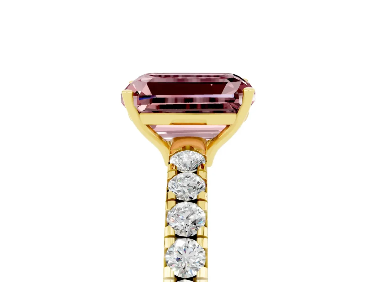 Emerald Cut Morganite Pavé Solitaire Engagement Ring with Four-Prong Setting Yellow gold