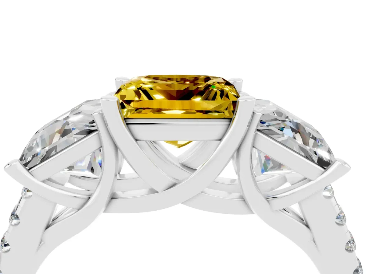 Three-Stone Princess Cut Yellow Sapphire Ring with Round Pavé Band and Prong Setting Silver