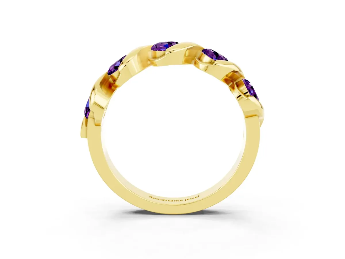 Round Amethyst Wave Band with Channel Setting and Shared Prongs Yellow gold