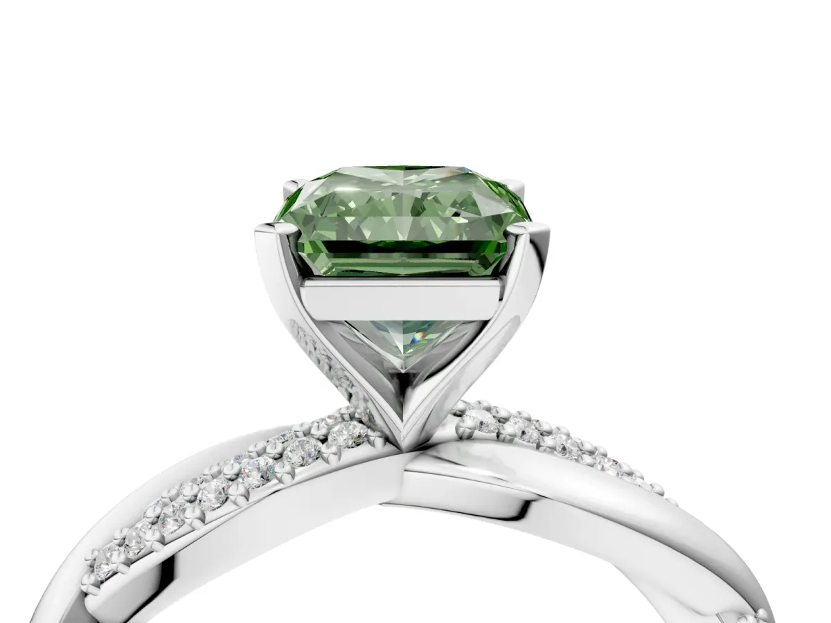 Fancy Green Radiant Cut Solitaire Twist Band with Pave Prong Setting Platinum