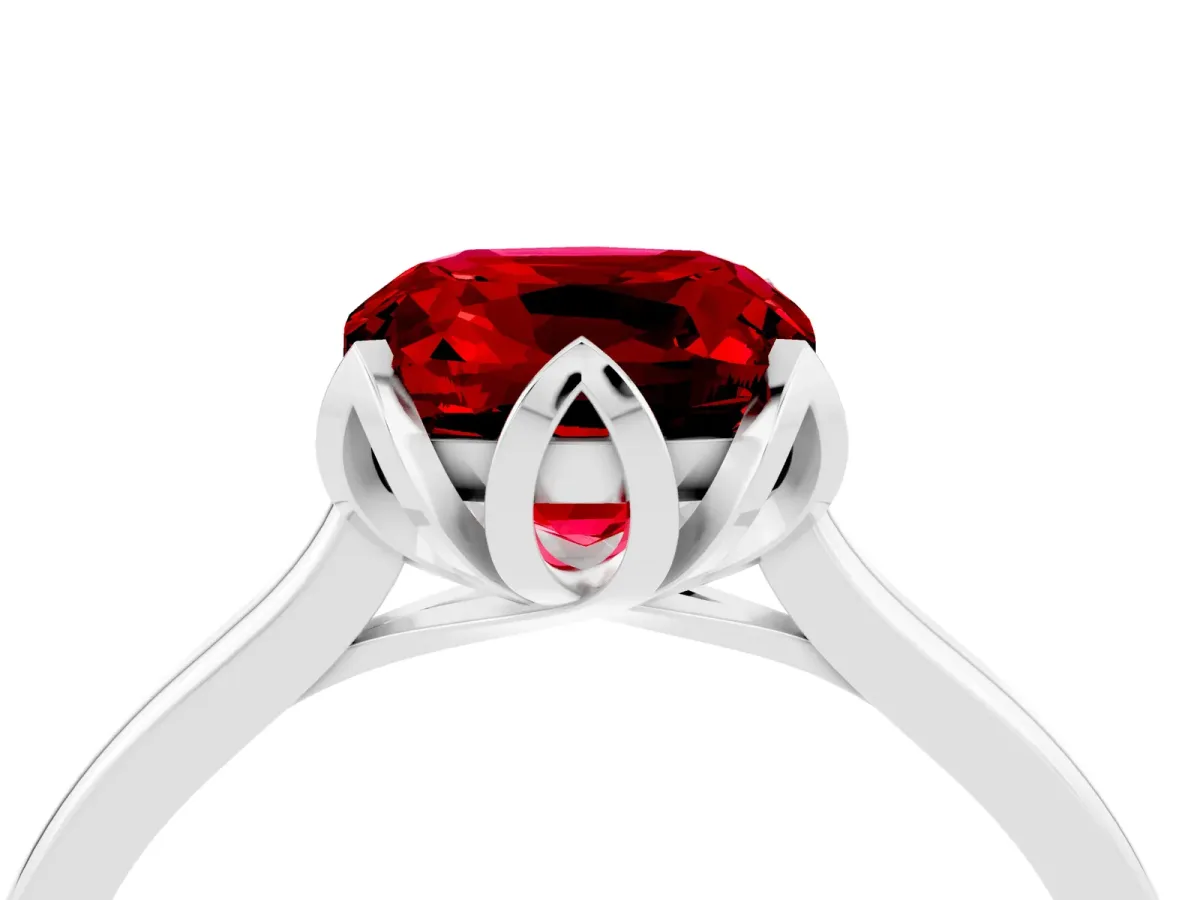 Cushion Cut Ruby Solitaire Ring with Flower Prong Setting and Classic Band White gold