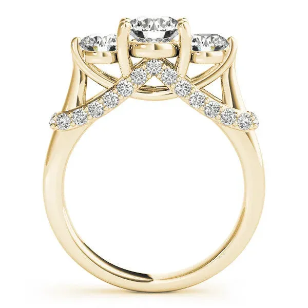 Round Cut Diamond Three-Stone Ring with Prong Setting and Pavé Band Yellow gold