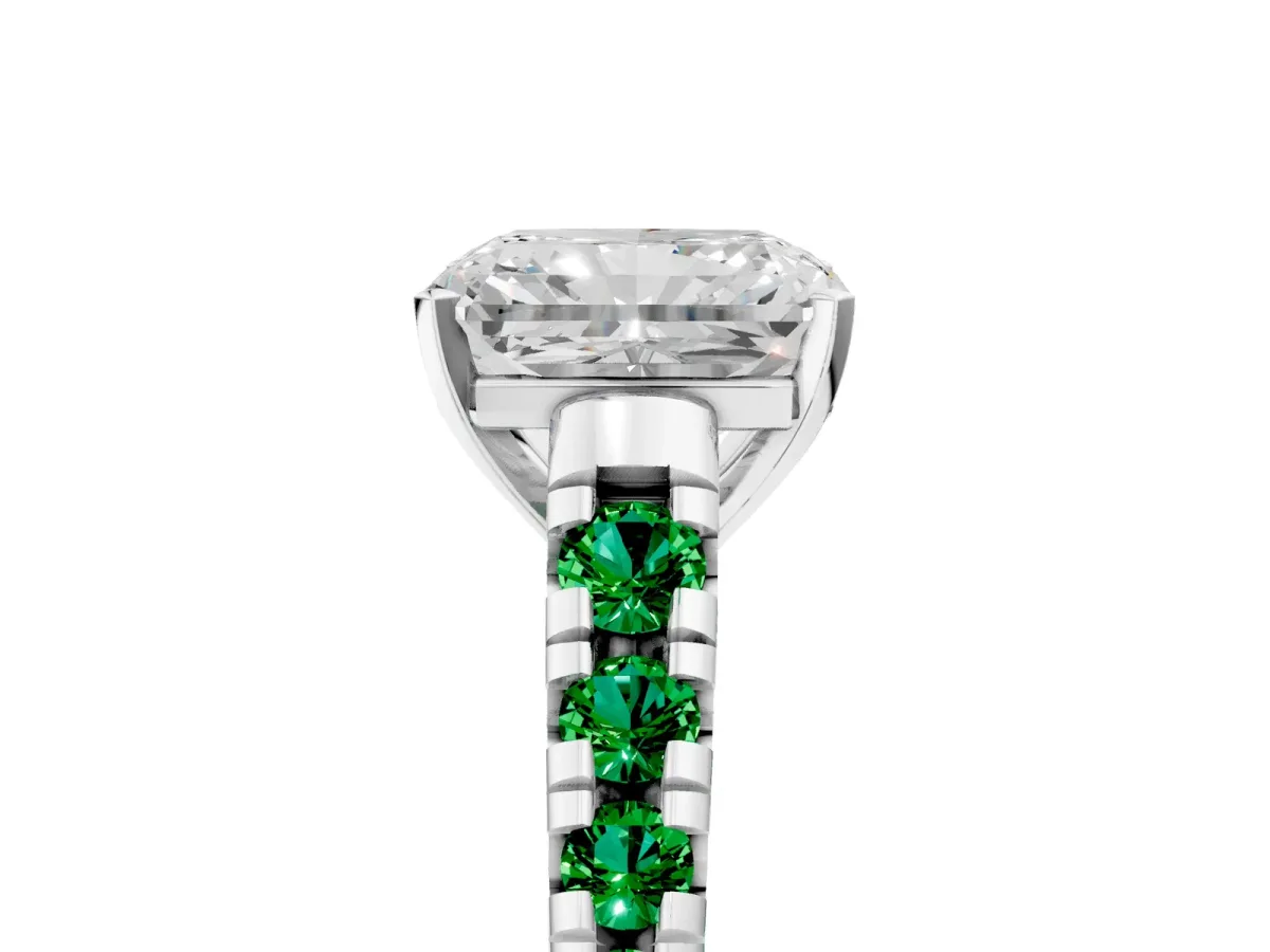 Radiant Cut Diamond Cathedral Solitaire Ring with Round Emerald Pavé Band Silver