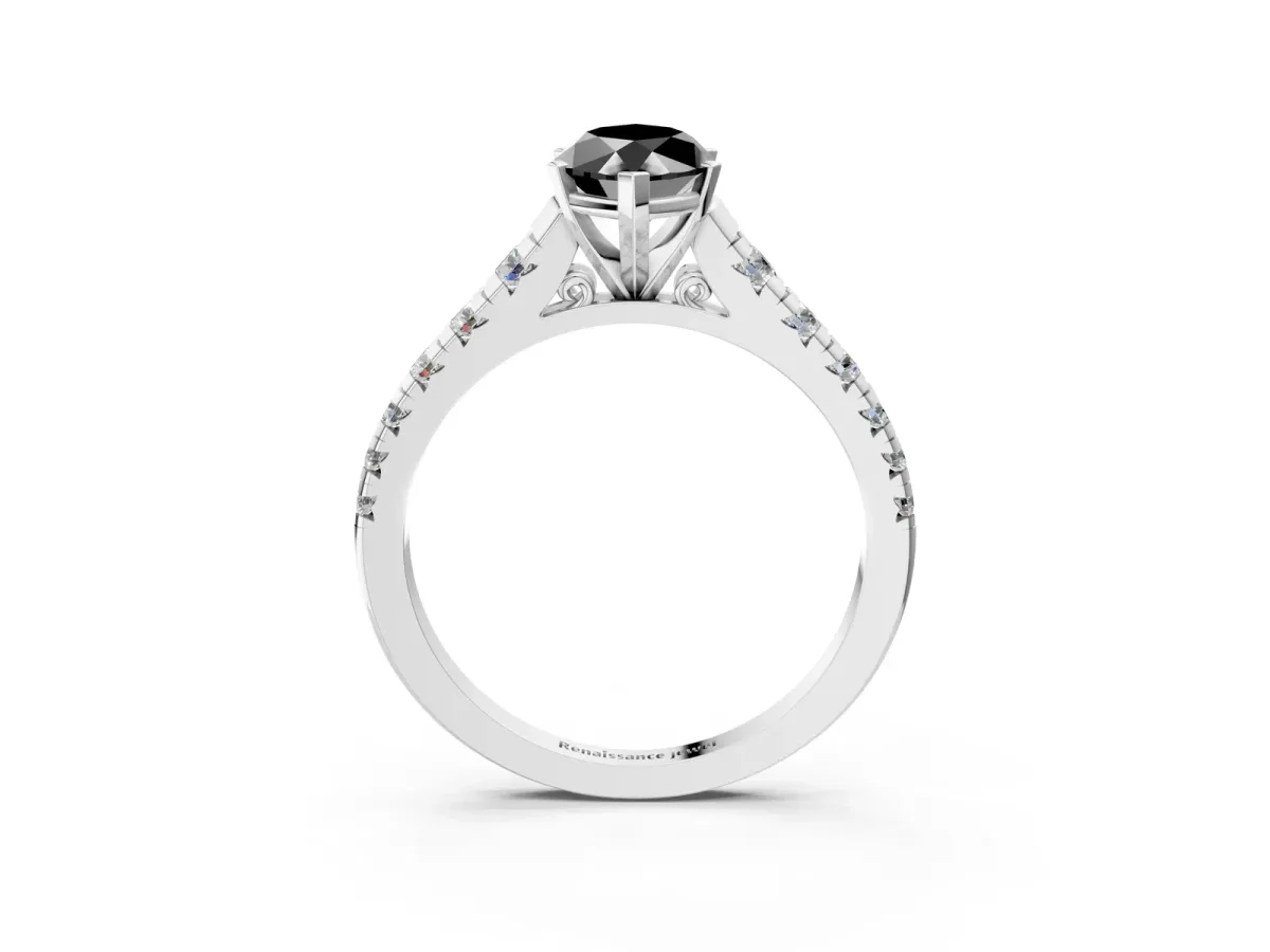 Fancy Black Marquise Cut Diamond Cathedral Solitaire Ring with Round Pavé Band Silver