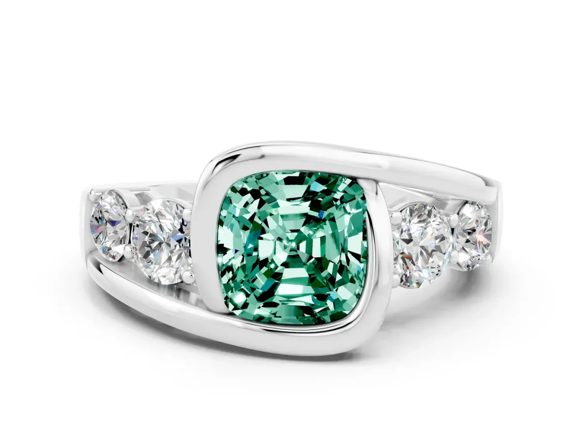 Bezel Set Cushion Cut Green Sapphire Bypass Ring with Round Accents Silver