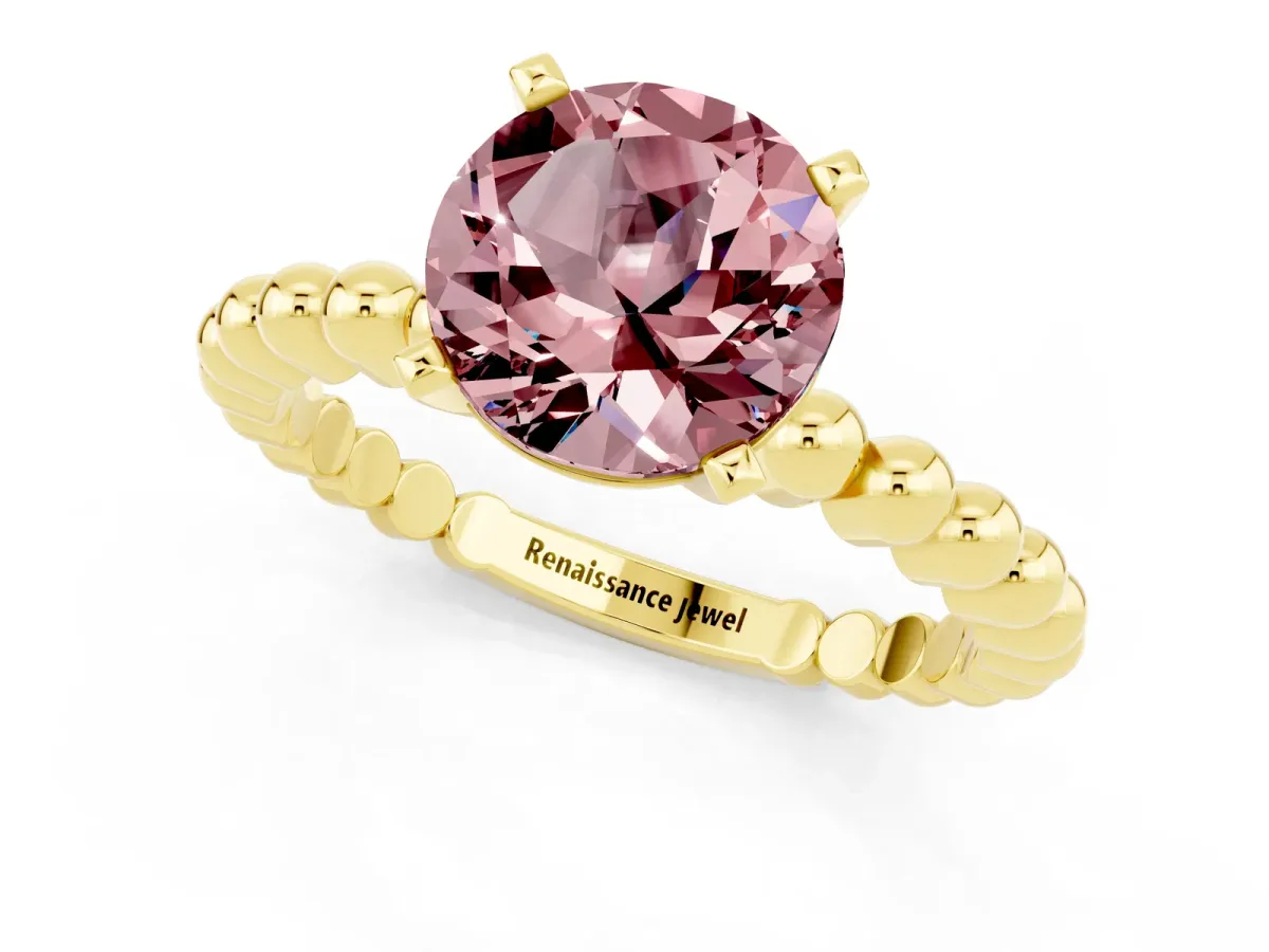 Round Cut Morganite Solitaire Ring with Beaded Band and Prong Setting Yellow gold