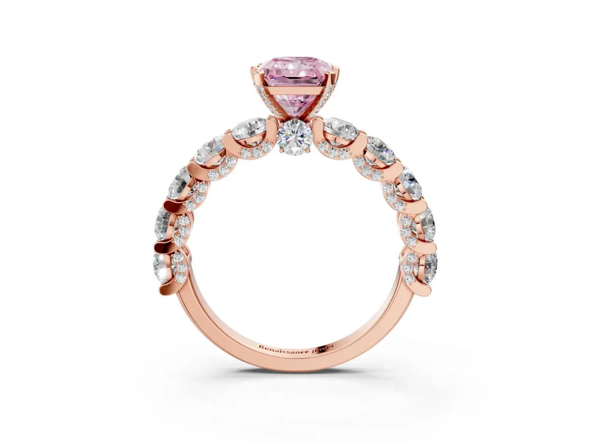 Fancy Pink Radiant Cut Diamond Side Stone Engagement Ring with Four-Prong Setting Rose gold