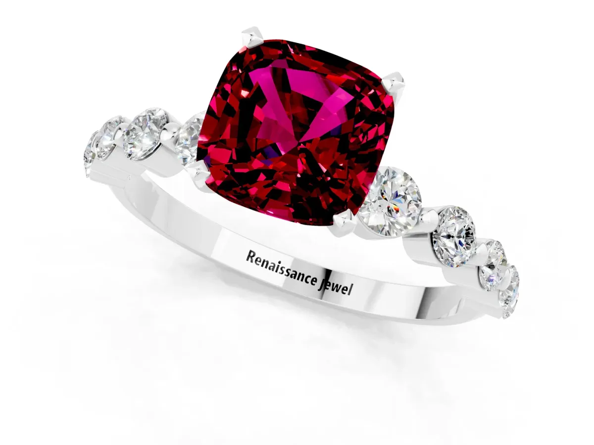 Cushion Cut Solitaire Garnet Ring with Pave Band and Four-Prong Setting Platinum