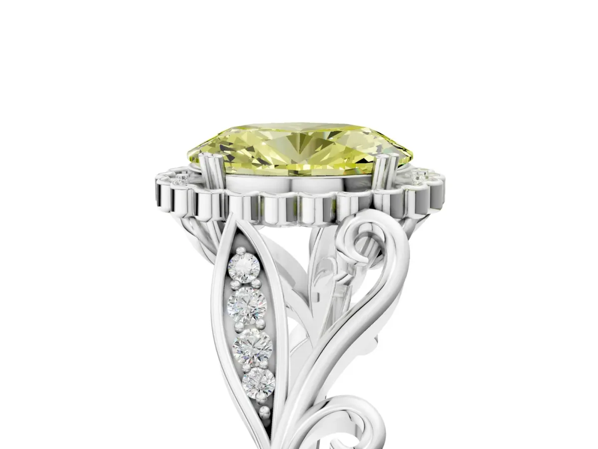 Fancy Yellow Oval Cut Diamond Halo Ring with Vintage Split Shank and Four-Prong Setting Silver