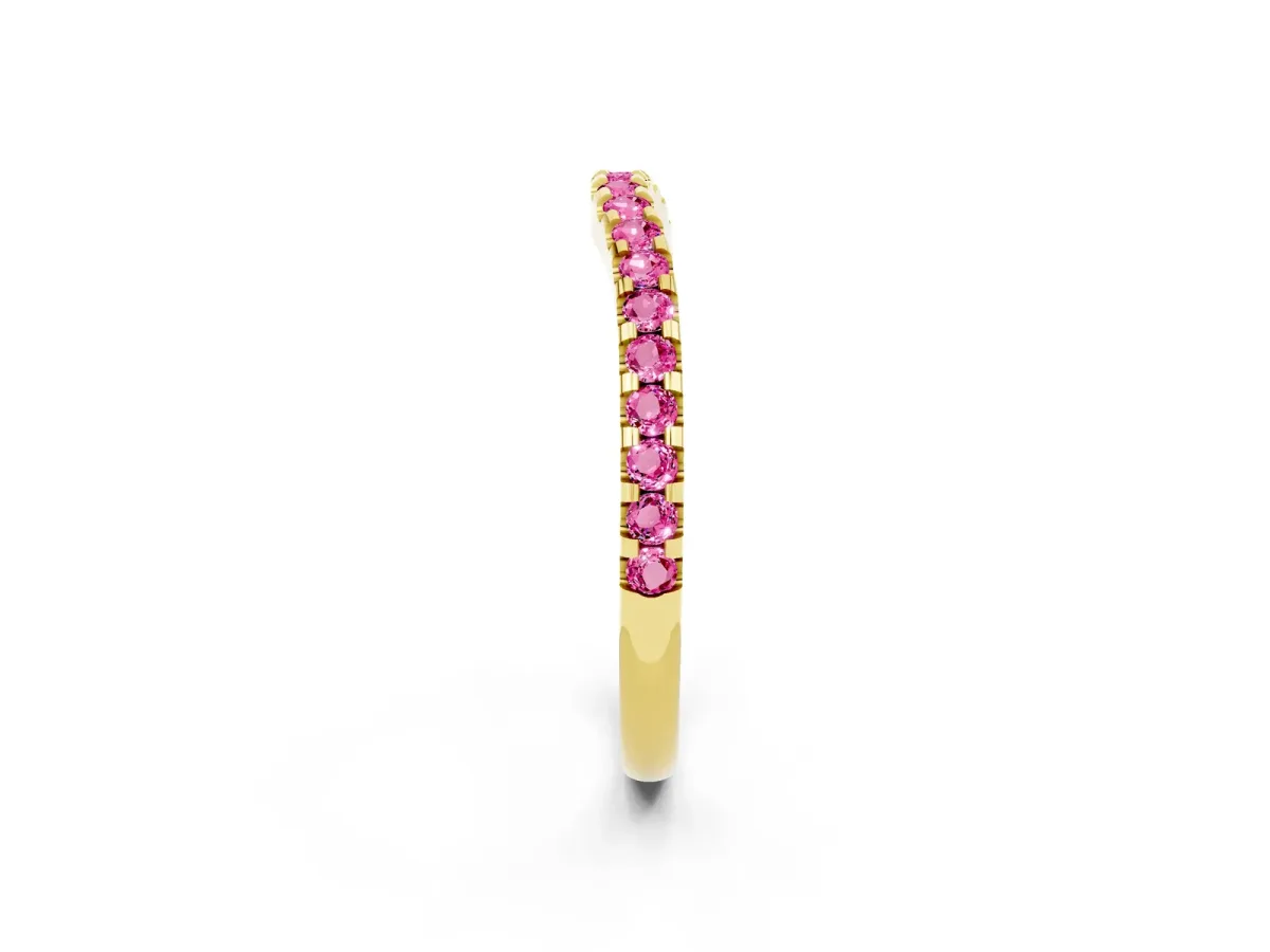 Round Pink Sapphire Pavé Curved Wedding Band Yellow gold
