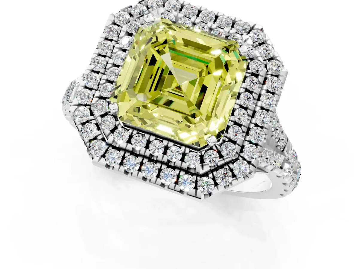 Fancy Yellow Asscher Cut Diamond Double Halo Ring with Split Shank and Prong Setting Silver