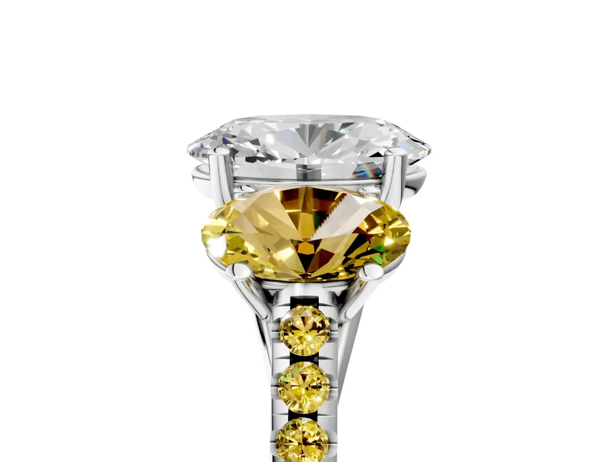 Three-Stone Oval Cut Diamond Ring with Round Yellow Sapphire Pavé Band and Prong Setting Silver
