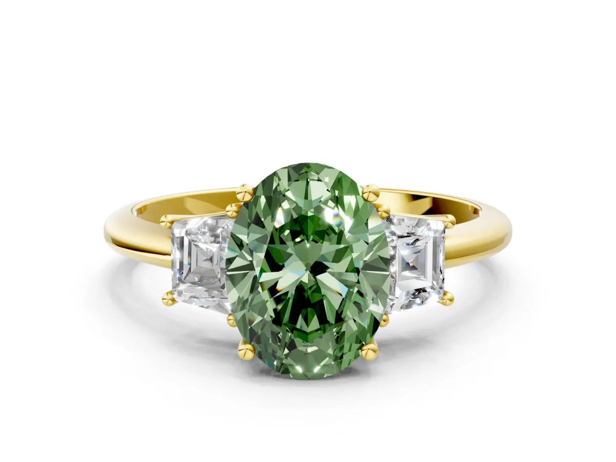 Fancy Green Oval Cut Diamond Three-Stone Ring with Trapezoid Side Stones and Prong Setting Yellow gold