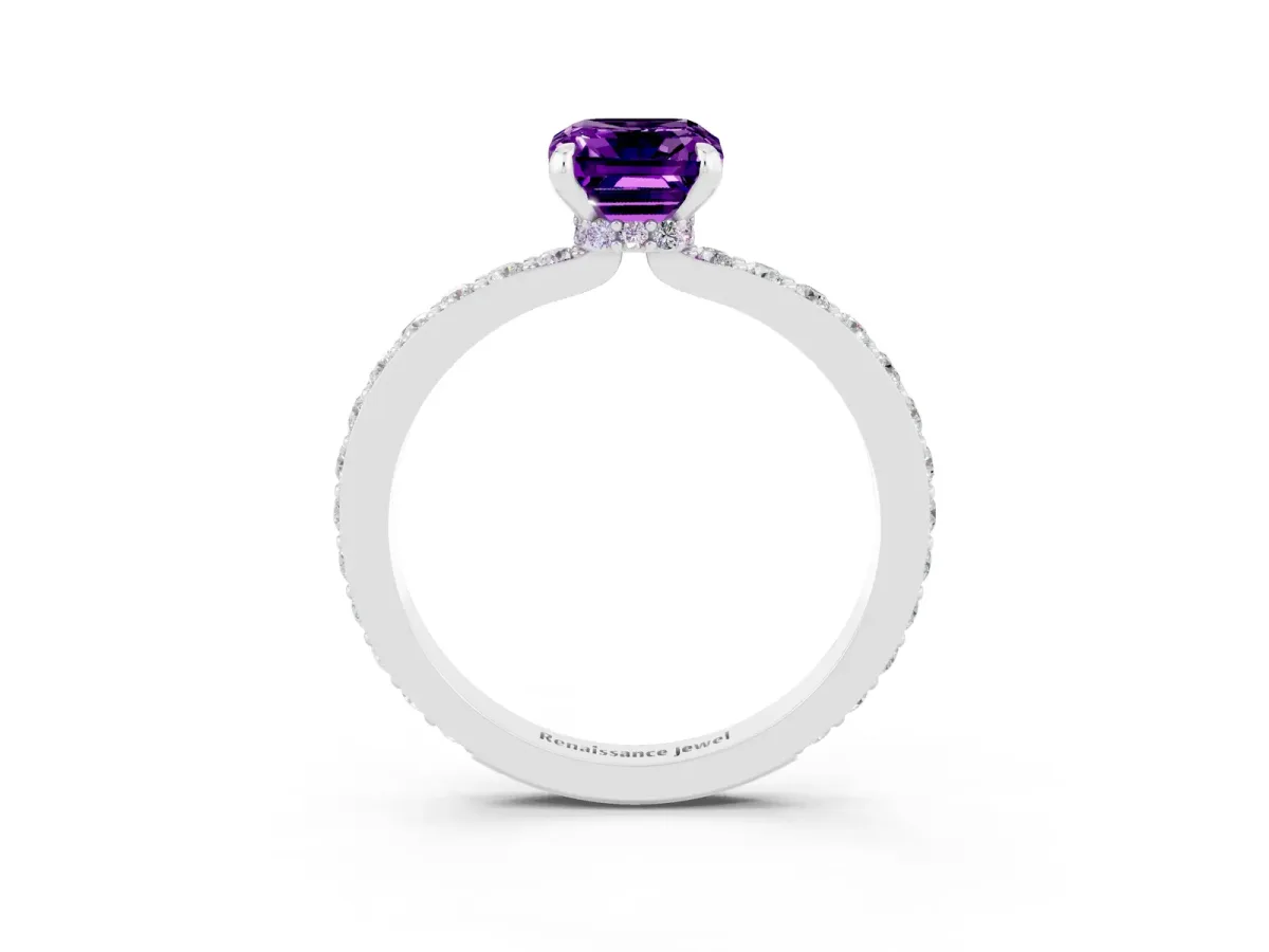Emerald Cut Amethyst Solitaire Engagement Ring with Pavé Band and Four-Prong Setting Silver
