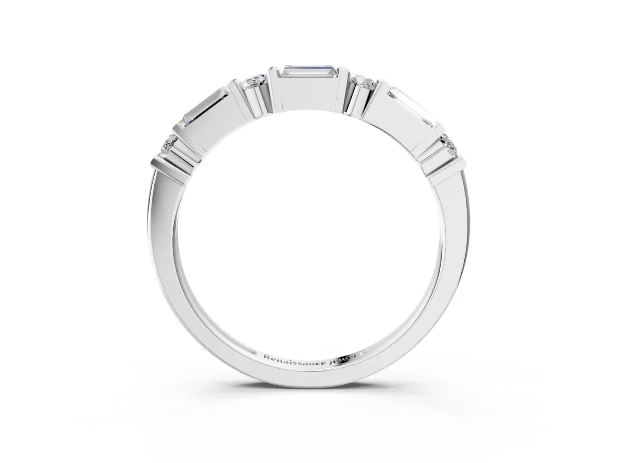 Baguette and Round Diamond Channel Set Half Eternity Band with Bar Prong Setting White gold