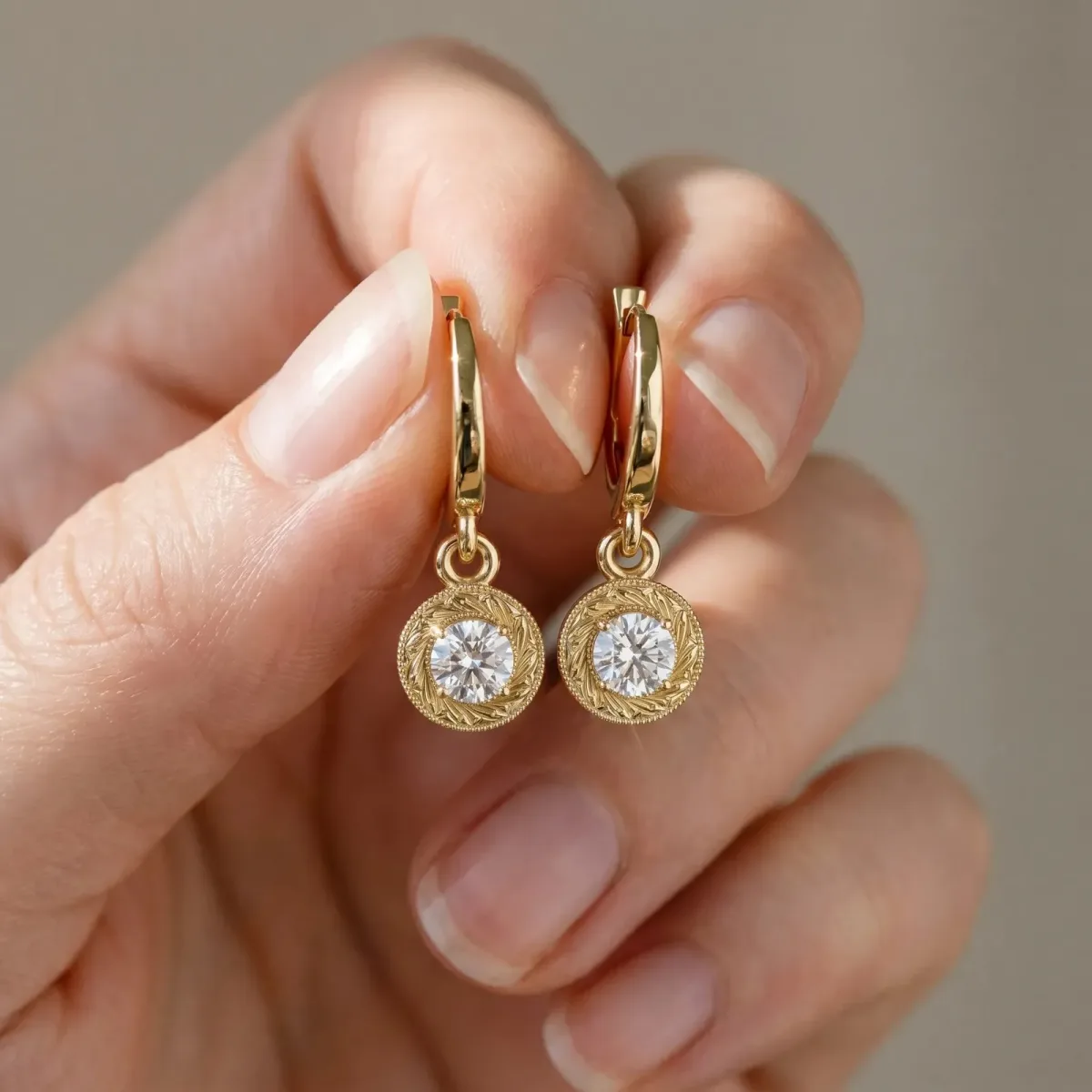 Round Cut Milgrain Bezel Set Leverback Earrings Yellow gold