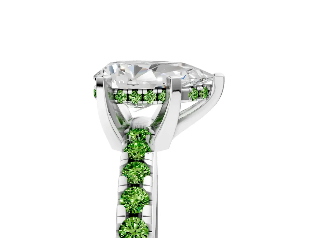 Pear Cut Diamond Solitaire Ring with Round Peridot Pavé Band and Four-Prong Setting Platinum