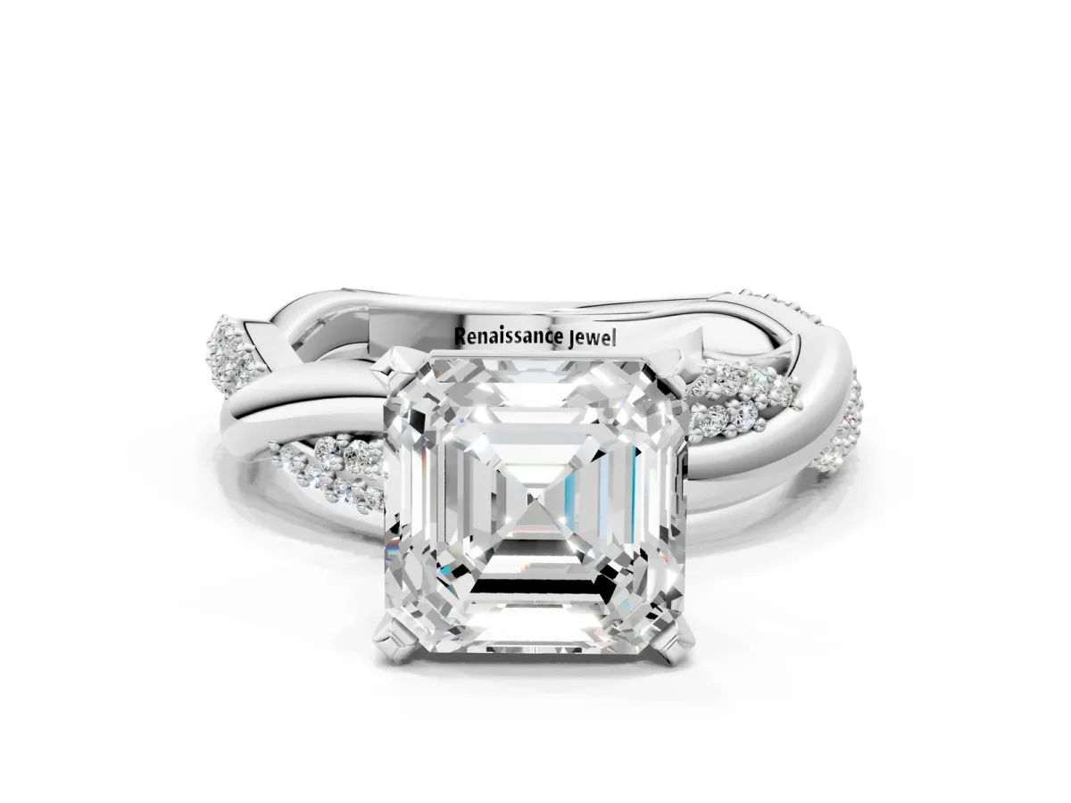 Asscher Cut Solitaire Twist Band with Pave Prong Setting Platinum