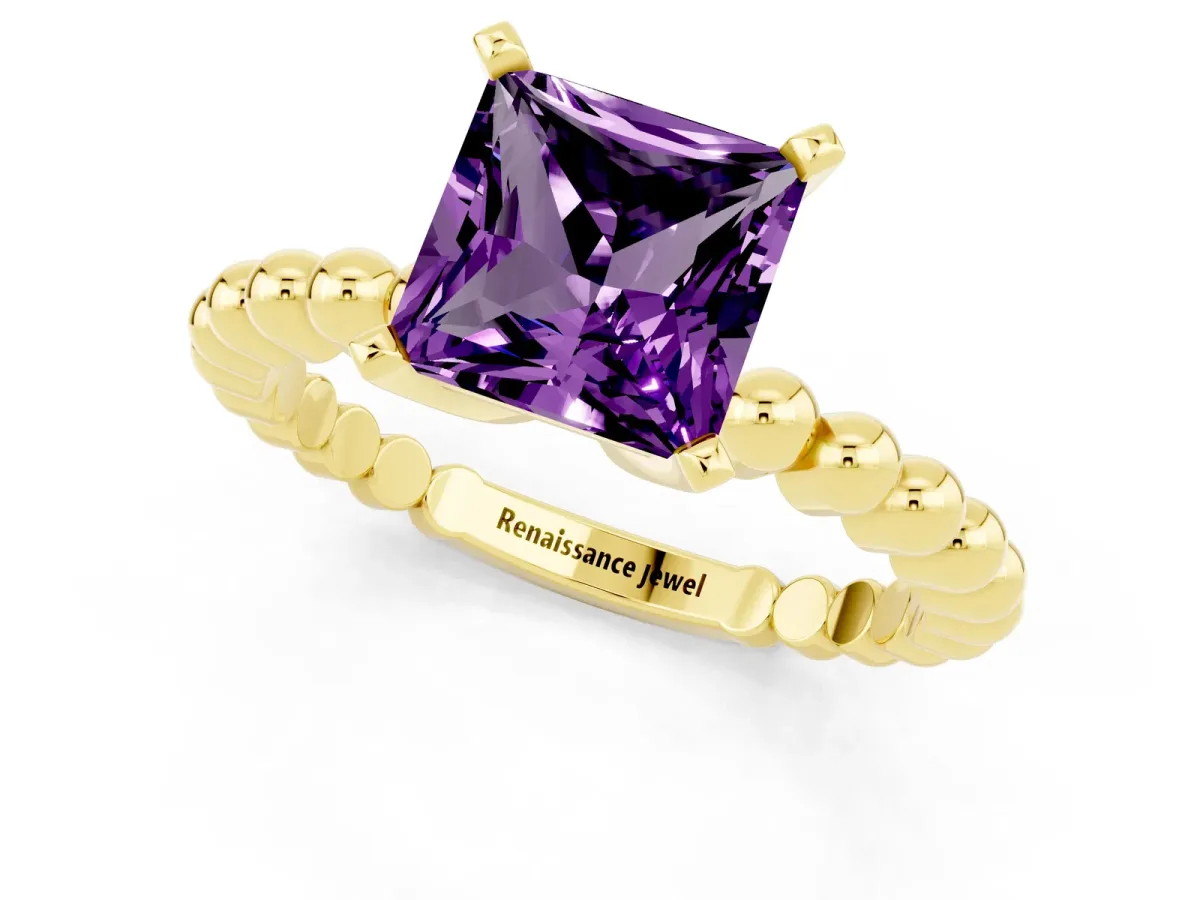 Princess Cut Amethyst Solitaire Ring with Beaded Band and Prong Setting Yellow gold