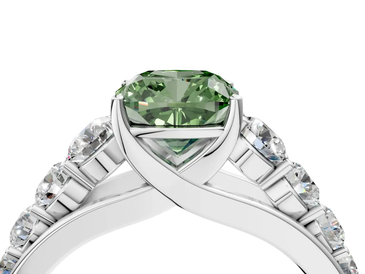 Fancy Green Cushion Cut Brilliant Diamond Pavé Band with Six-Prong Setting Silver