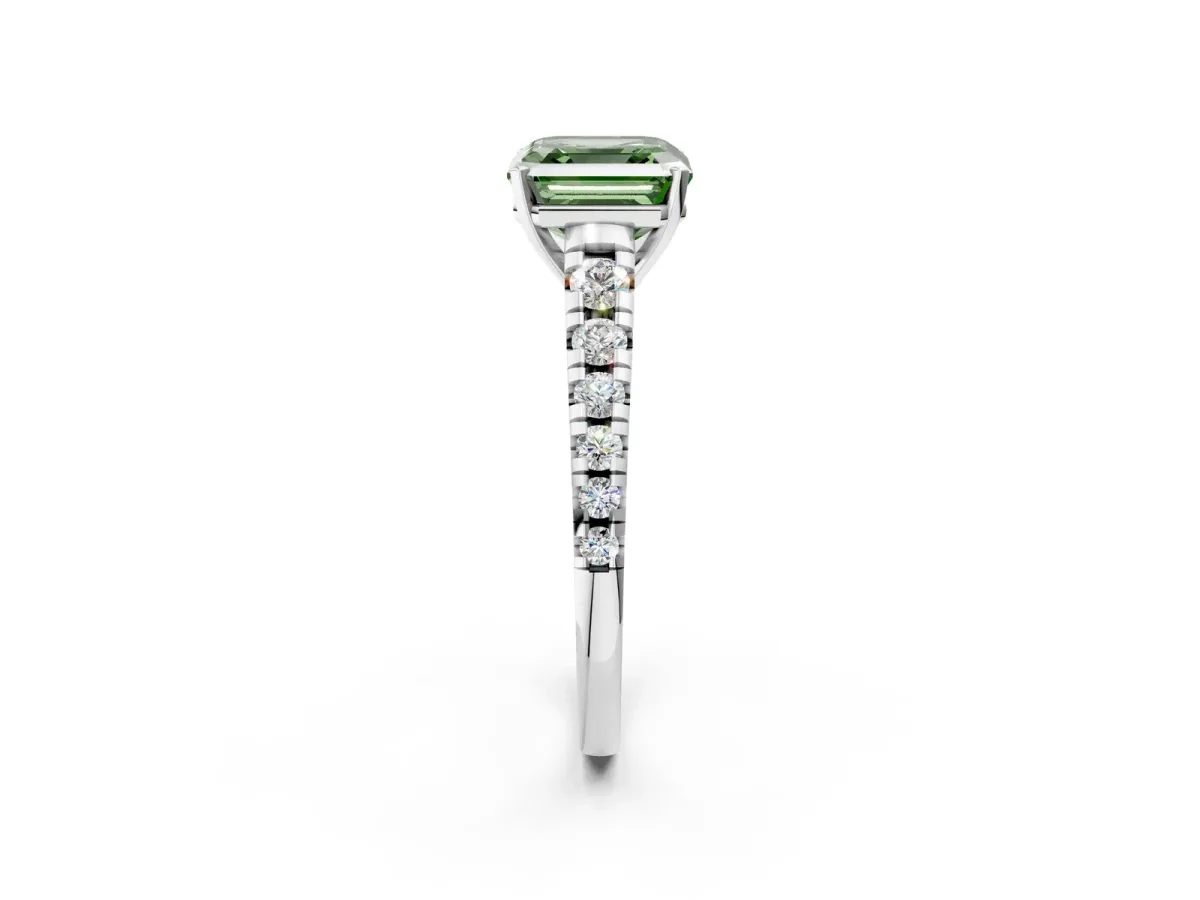 Fancy Green Asscher Cut Diamond Cathedral Solitaire Ring with Round Pavé Band Platinum