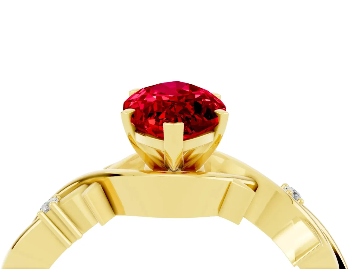 Marquise Cut Ruby Solitaire Ring with Milgrain Pavé Band and Four-Prong Setting Yellow gold