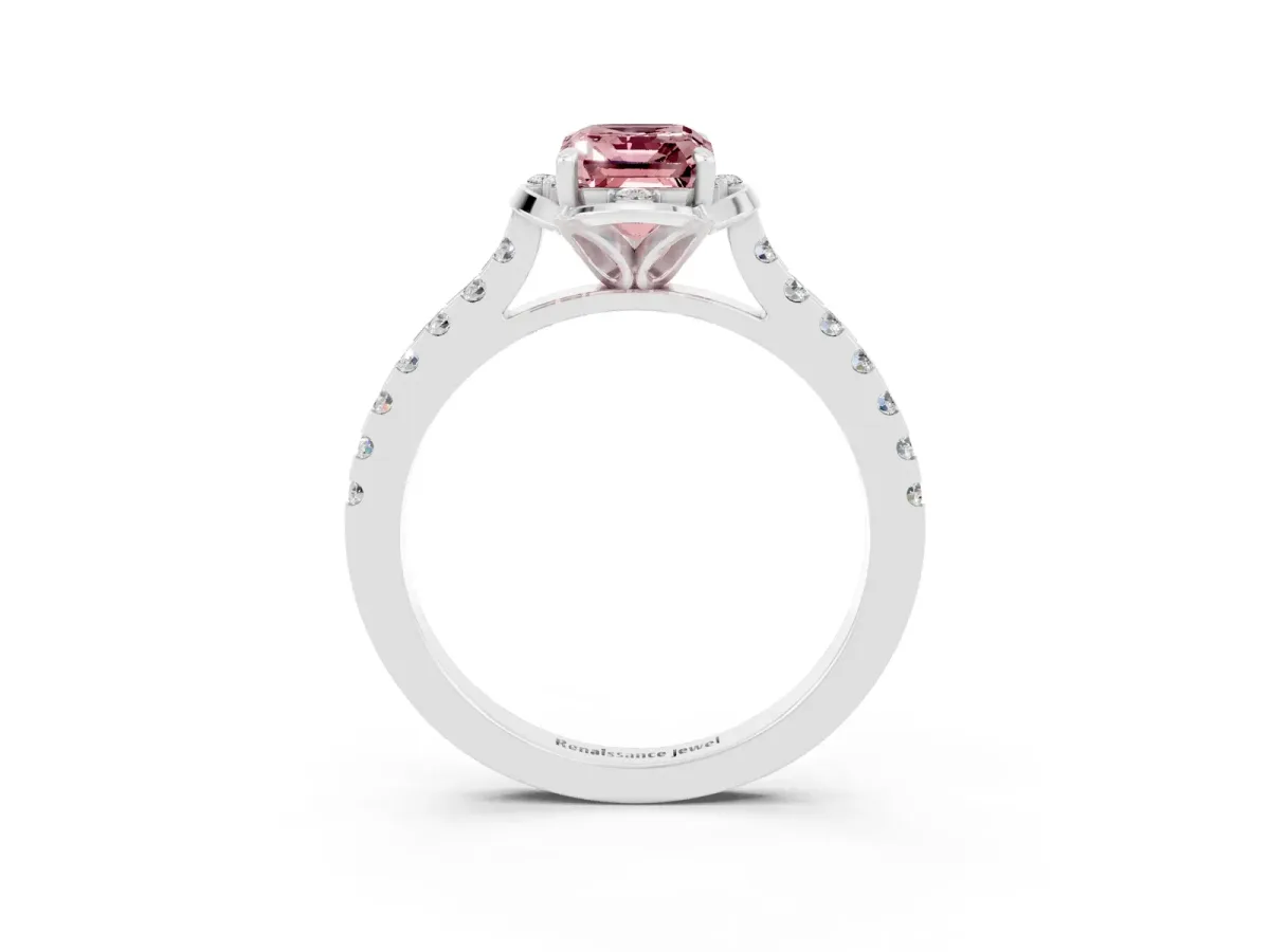 Emerald Cut Morganite Ring with Pavé Band and Floral Prong Setting Platinum